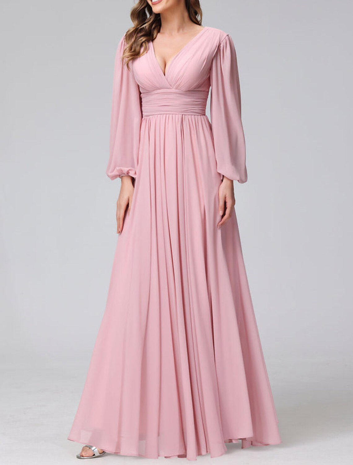 Wholesale A-Line Bridesmaid Dress V Neck Long Sleeve Pink Floor Length Chiffon with Split Front / Ruching